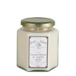 Vela de cera vegetal en tarro pequeño de confitura clásico con aroma a parfait de coco y vainilla